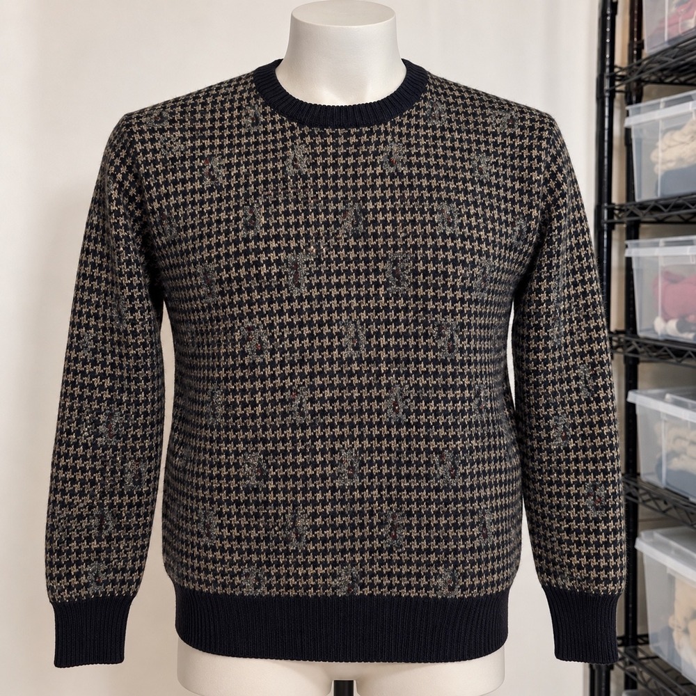 Varsity Men's Wear Sweater Mens L Brown Houndstooth Merino Wool Crewneck Preppy